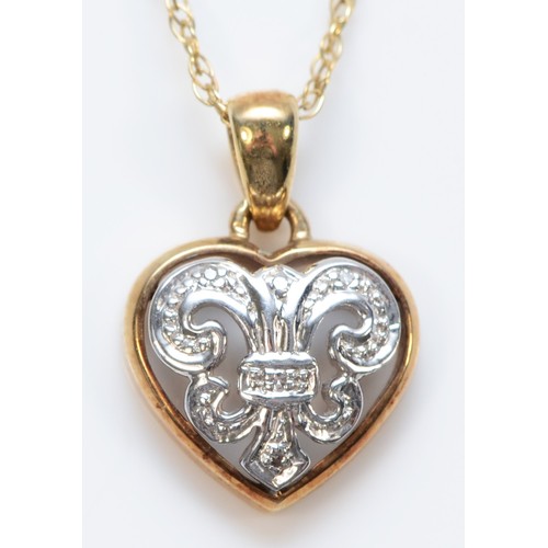 91 - A 9ct gold diamond set heart shaped pendant with necklace, 10mm heart, 2.5g