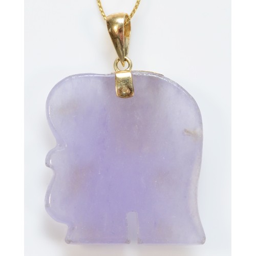 99 - A 14K gold enhanced lavender jade carved elephant pendant with necklace, 25mm drop, 7.7g