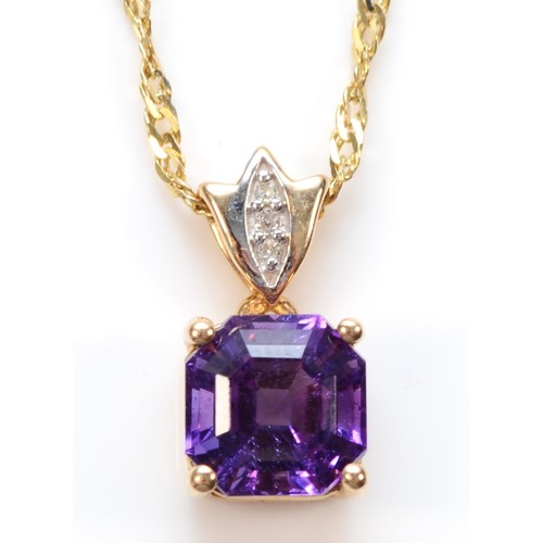 106 - A 9ct gold diamond accented amethyst pendant with necklace, 7mm x 7mm amethyst, 3.6g