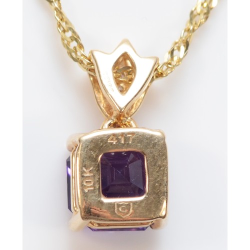 106 - A 9ct gold diamond accented amethyst pendant with necklace, 7mm x 7mm amethyst, 3.6g