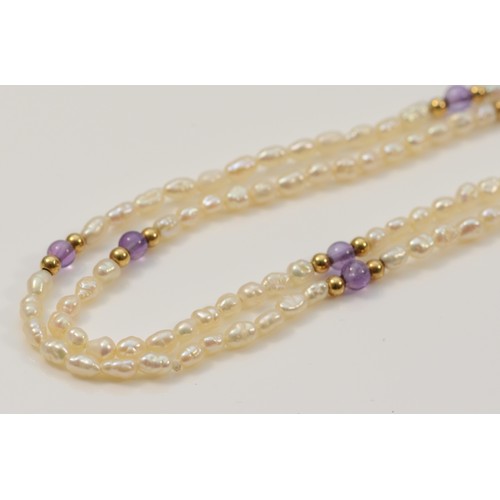 114 - A 9ct gold amethyst and pearl necklace, 13.8g