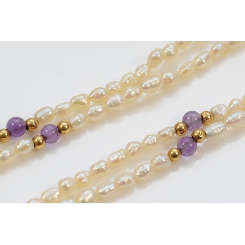 114 - A 9ct gold amethyst and pearl necklace, 13.8g