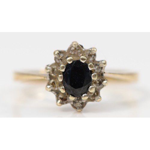 123 - A 9ct gold vintage sapphire and diamond cluster ring, claw set, J, 2g