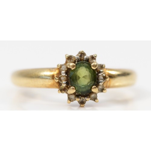 124 - A 9ct gold green and white gemstone cluster ring, claw set, N, 2.1g