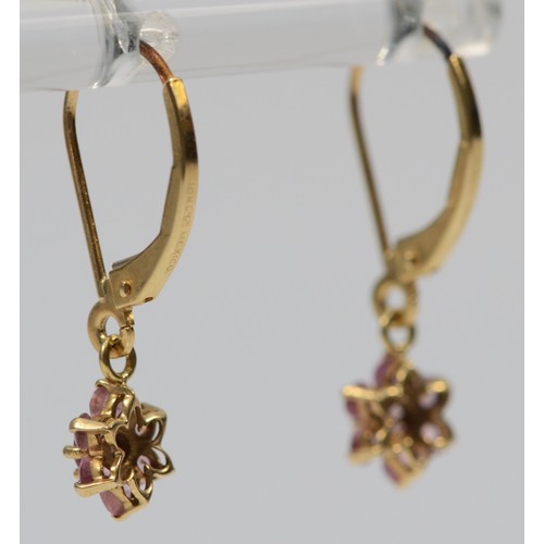 141 - A pair of 9ct gold pink sapphire cluster drop earrings with leverbacks, 1.2g