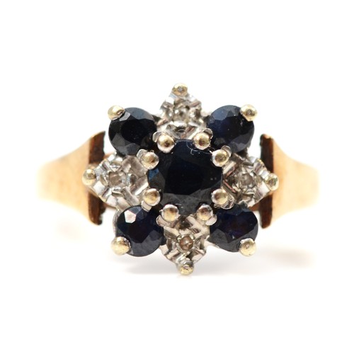 145 - A 9ct gold sapphire and diamond cluster ring, claw set, J, 2.5g