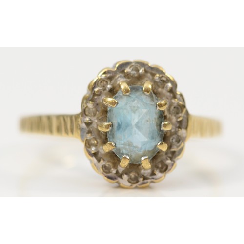 146 - A 9ct gold blue gemstone and diamond cluster ring, L 1/2, 1.9g