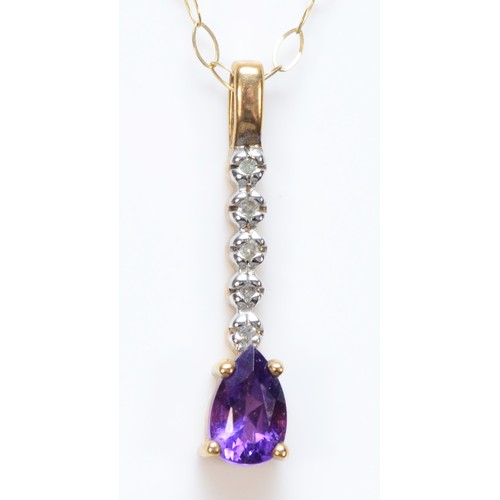 322 - A 9ct gold pear cut amethyst and diamond drop pendant with necklace, 20mm pendant, 1g