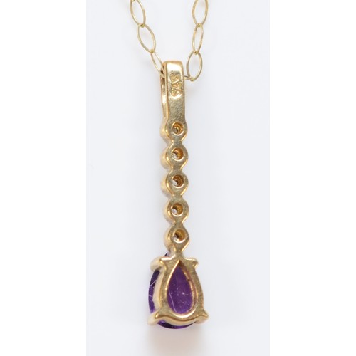 322 - A 9ct gold pear cut amethyst and diamond drop pendant with necklace, 20mm pendant, 1g