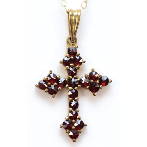 328 - A 9ct gold garnet cross pendant, with necklace, 20mm cross, 2.1g