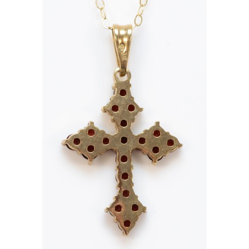 328 - A 9ct gold garnet cross pendant, with necklace, 20mm cross, 2.1g