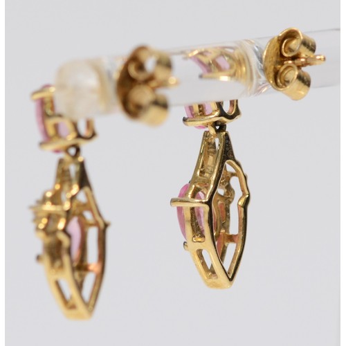 341 - A pair of 9ct gold pink and white gemstone drop earrings with scroll backs, 20mm drop, 2.5g