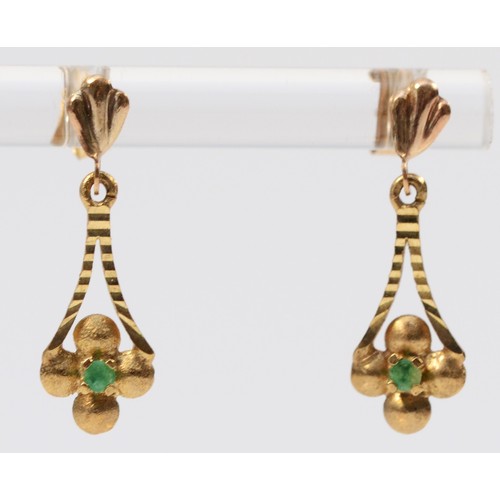 342 - A pair of 9ct gold emerald drop earrings with scroll backs, 20mm drop, 0.9g