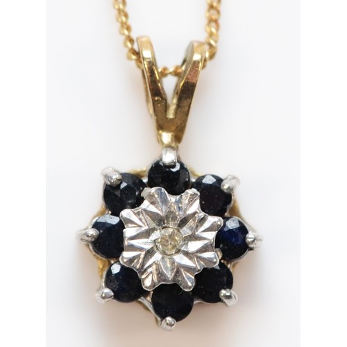 343 - A 9ct gold sapphire and diamond cluster pendant, 5mm diameter pendant, 1.1g