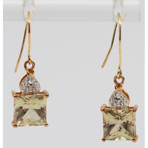 346 - A pair of 9ct gold green and white gemstone drop earrings with French hooks, 2.6g