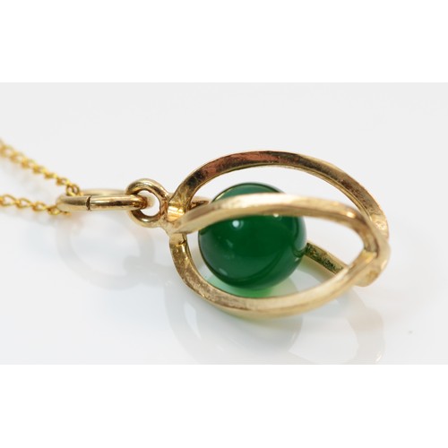 348 - A 9ct gold green gemstone pendant with necklace, 2.4g