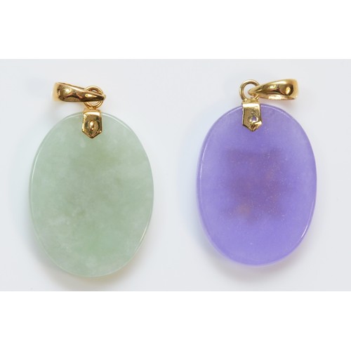 349 - Two 14K gold jade and enhanced jade pendants, 20mm, 4.3g