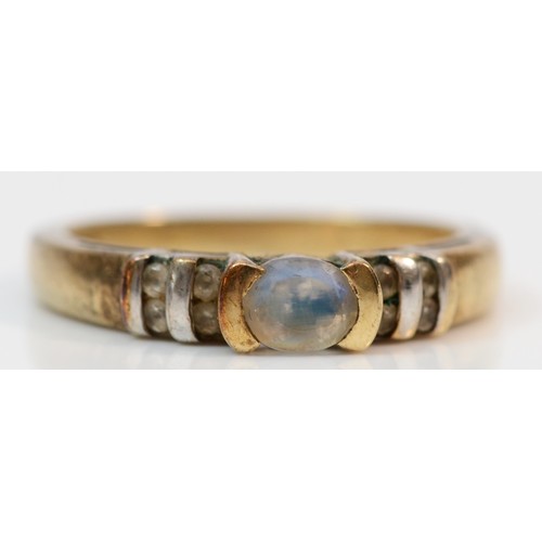 352 - A 9ct gold white gemstone accented moonstone set dress ring, N 1/2, 3.1g