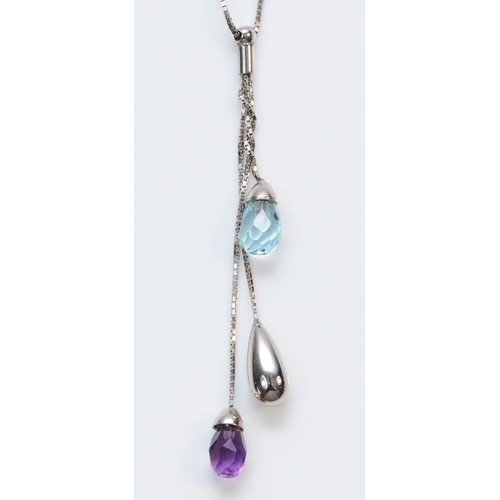 357 - A 9ct white gold amethyst and topaz briolette set drop necklace, 1.6g