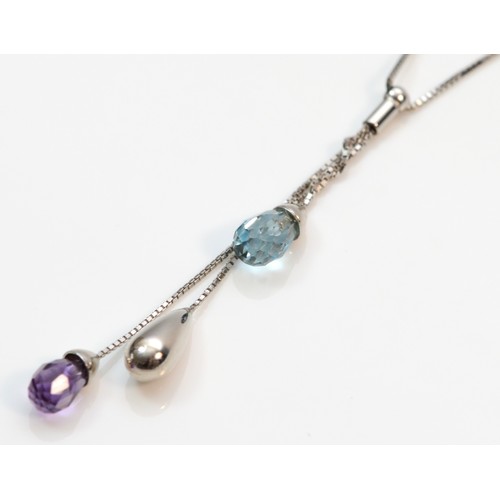 357 - A 9ct white gold amethyst and topaz briolette set drop necklace, 1.6g