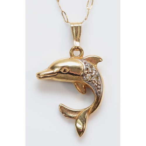 358 - A 9ct gold diamond accented dolphin pendant with necklace, 1.9g