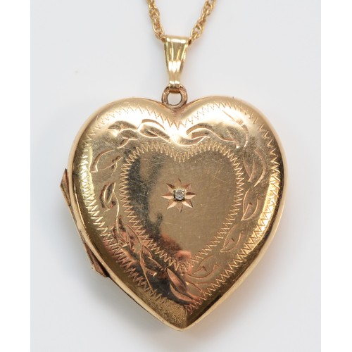 359 - A 9ct gold diamond set heart shaped locket with necklace, 20mm heart, 3.6g