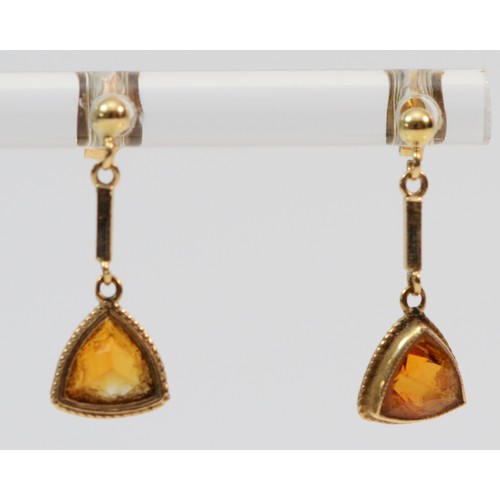 360 - A pair of 9ct gold trilliant cut citrine set drop earrings, 20mm drop, 1.1g