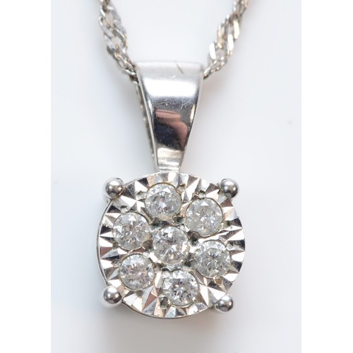 369 - A 9ct white gold diamond set cluster pendant with necklace, 7mm diameter, 3.1g