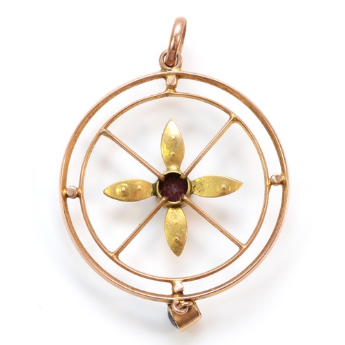 376 - A 9ct gold seed pearl and garnet pendant, 25mm diameter, one setting vacant, 2.2g