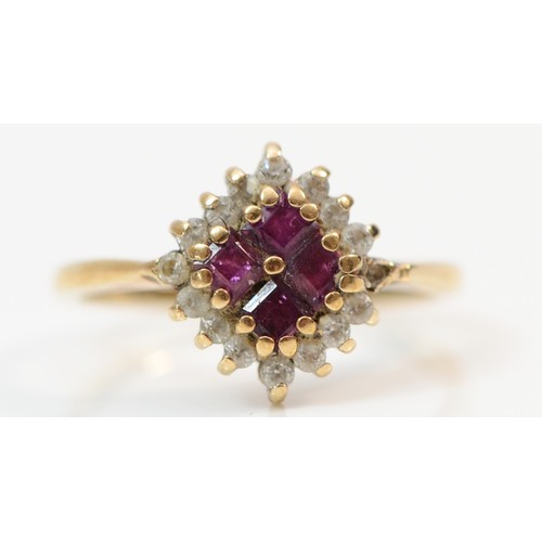 377 - A 9ct gold ruby and cubic zirconia cluster ring, J 1/2, 2.2g