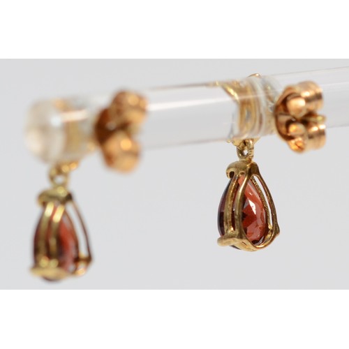 395 - A pair of 9ct gold diamond accented pear cut garnet drop earrings, 10mm drop, 1.4g