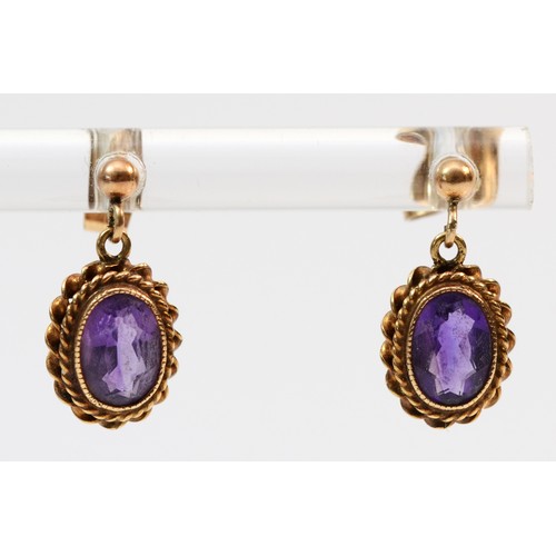 397 - A pair of 9ct gold rope edged oval cut amethyst drop earrings, 10mm drop, 1.8g