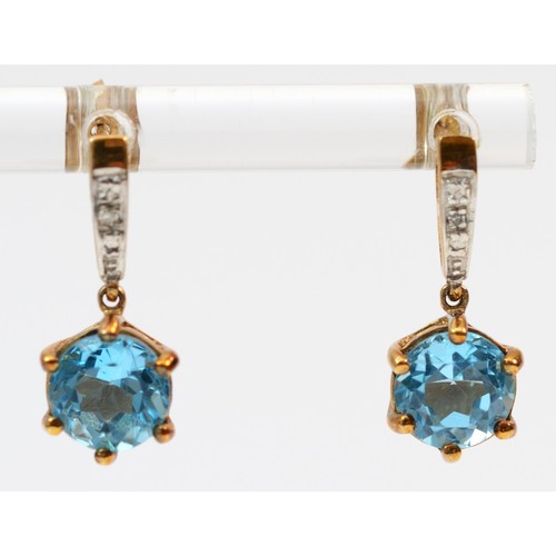 398 - A pair of 9ct gold diamond accented blue topaz drop earrings, 17mm drop, 2.8g