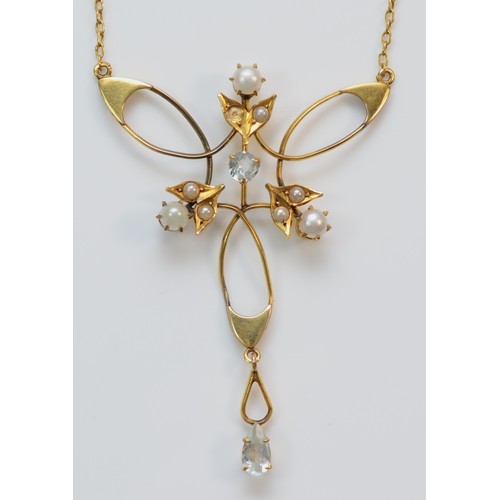 399 - A 9ct gold Edwardian aquamarine and pearl openwork pendant, 55mm length, 4g