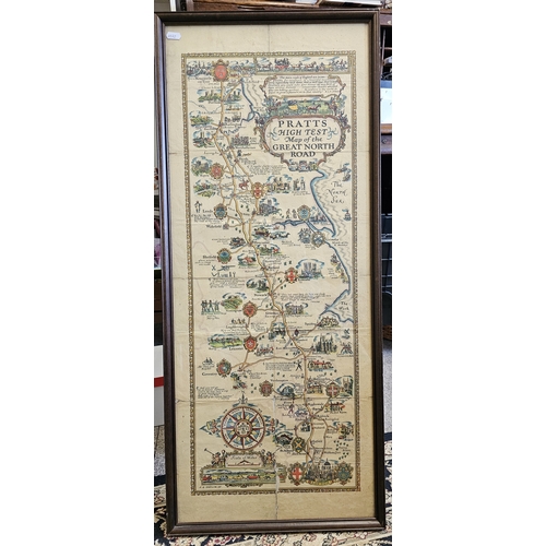 51 - Pratts High Test map of the Great North Road, c. 1930, framed, 96 x 31cm.