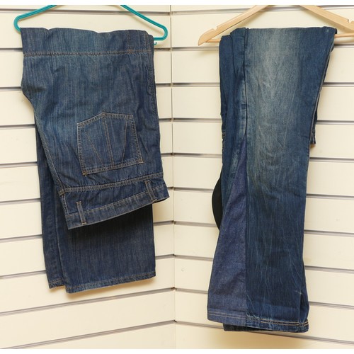 75 - A pair of Covec denim motorcycle jeans, having armoured inners, size 32L, together with a pair of Dr... 