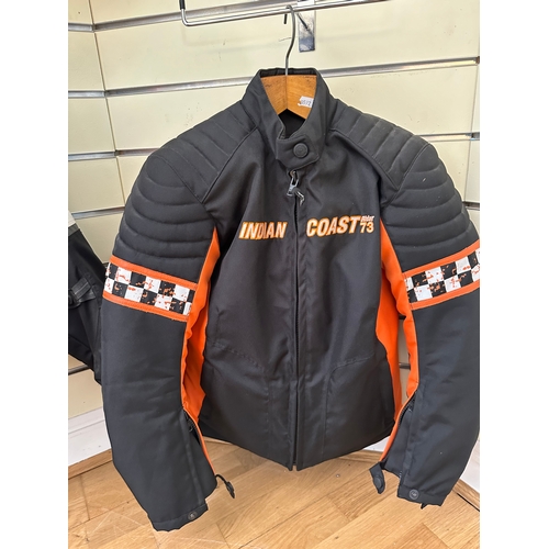 57 - Two motorcycles jackets, to include Indian Coast BCN design Coast Rider 73, Black, orange and white,... 