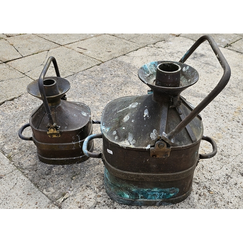 110 - Two Chekpump Imperial Standard brass and copper measuring jugs, one gallon and four gallon.