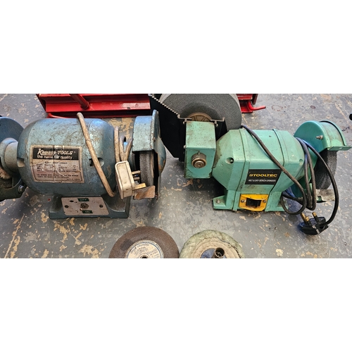 145 - Two bench grinders, a metal folder and a metal cutter