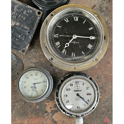 161 - An autojumblers lot to include a Watford dash board clock and two other clocks