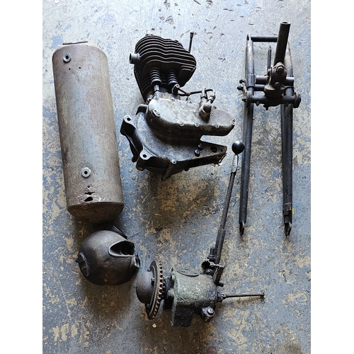 253 - A collection of BSA round tank parts, including engine, number B11959, gearbox, forks and a tank wit... 