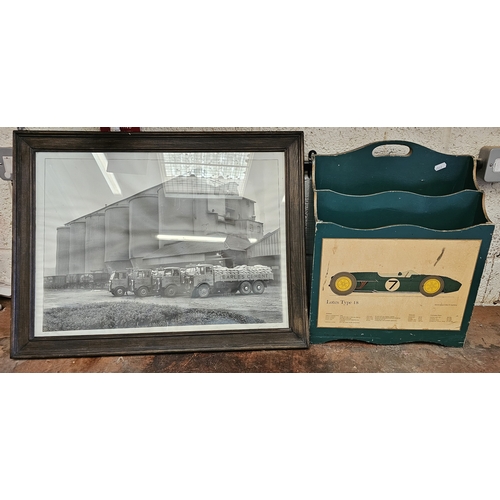 306 - A magazine rack with Lotus Type 18 front and Foden truck print