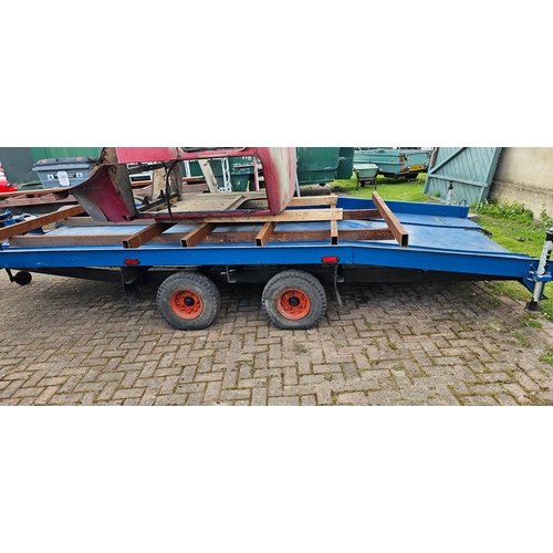 332 - Heavy duty beavertail twin axle trailer, with hand winch and ramps