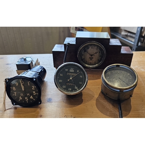 44 - Two Smiths dashboard clocks, a MOD airspeed indicator, an 80MPH speedo and a measurer