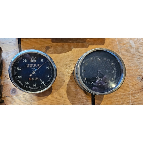 44 - Two Smiths dashboard clocks, a MOD airspeed indicator, an 80MPH speedo and a measurer