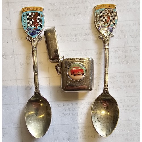 47D - Two silver and enamel BARC presentation tea spoons, Birmingham 1961 and 1964, together with a modern... 