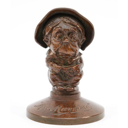 A bronze lorry mascot, c.1920's, for May & Padmore Ltd, Birmingham, the base inscribed Mrs Maymore, the underside stamped May & Padmore Ltd, Birmingham, Christmas 1925, 8.5cm