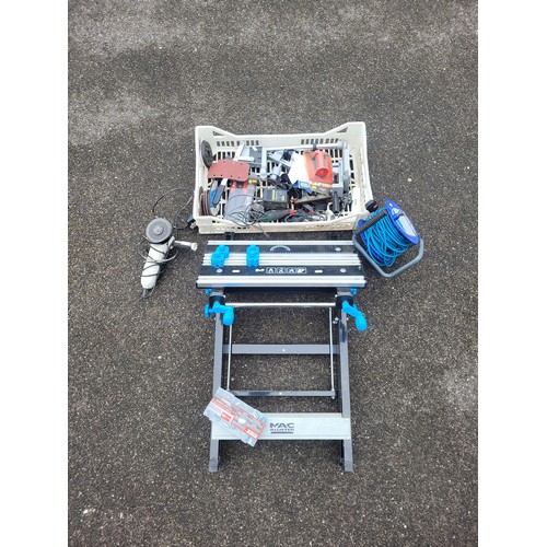 38 - Mac workbench, plastic tray containing a 25m cable reel, drill stand and consumables to include grin... 