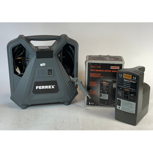 55 - A Ferrex portable compressor CQB180D, together with a Challenge 12v automatic battery charger (boxed... 