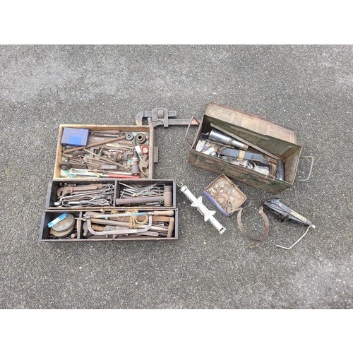 25 - 3 x wooden trays containing various hand tools, 1 x metal box containing car jacks and spares, 1 x l... 